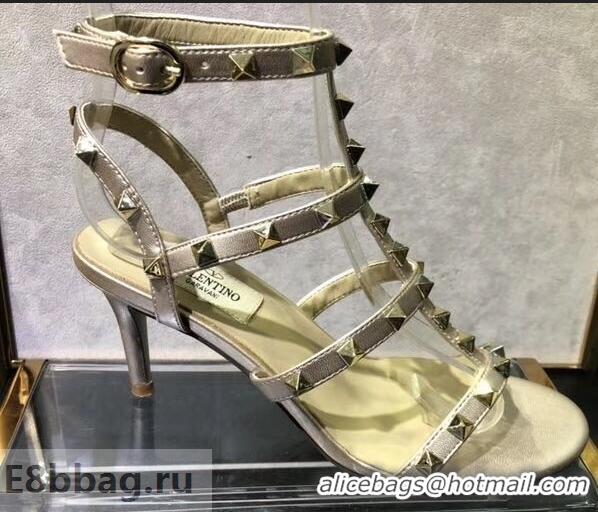 Perfect Valentino Heel 6.5cm Cage Rockstud Sandals VT0402 Metallic Light Gold 2019