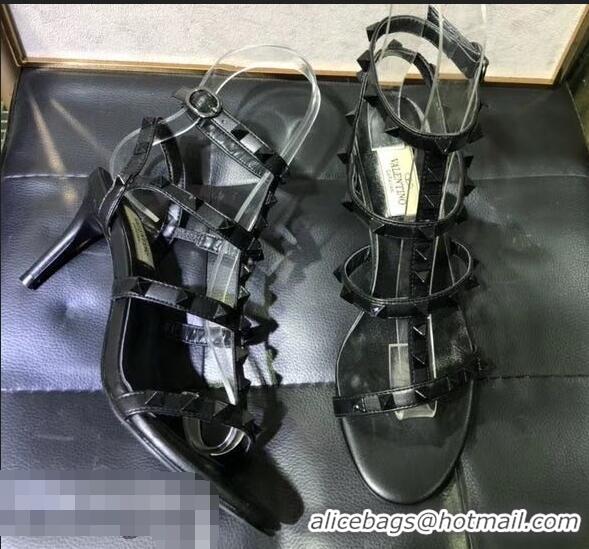 Original Cheap Valentino Heel 6.5cm Cage Rockstud Sandals VT0403 All Over Black 2019