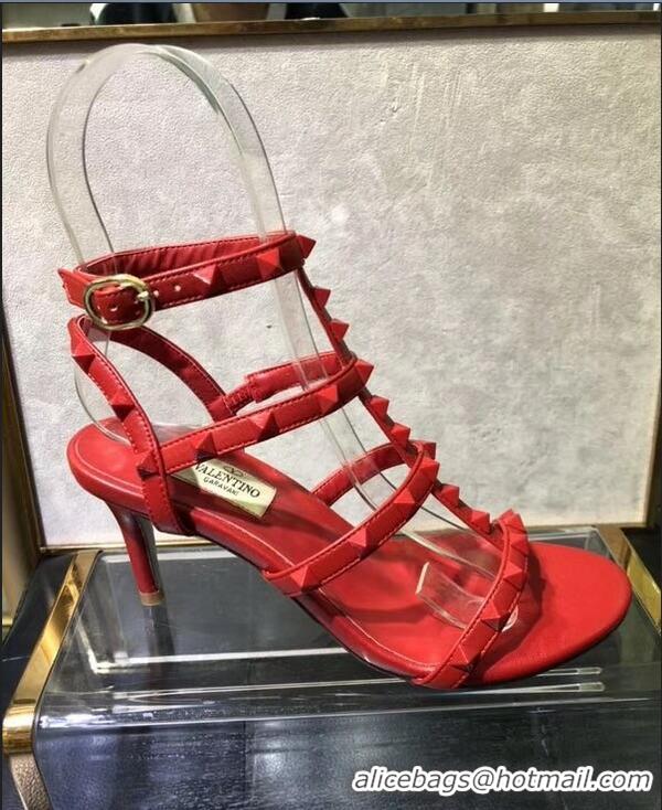 Classic Design Valentino Heel 6.5cm Cage Rockstud Sandals VT0403 All Red 2019