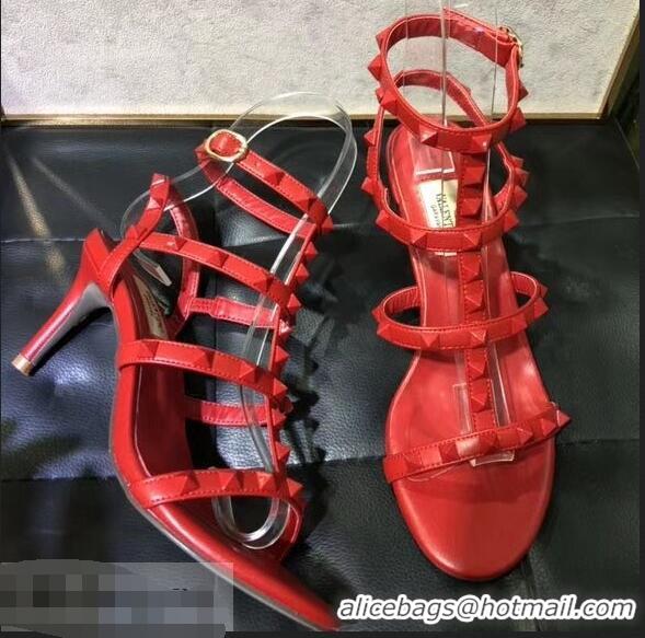 Classic Design Valentino Heel 6.5cm Cage Rockstud Sandals VT0403 All Red 2019