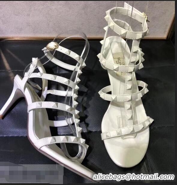 Hot Style Valentino Heel 6.5cm Cage Rockstud Sandals VT0403 All White 2019