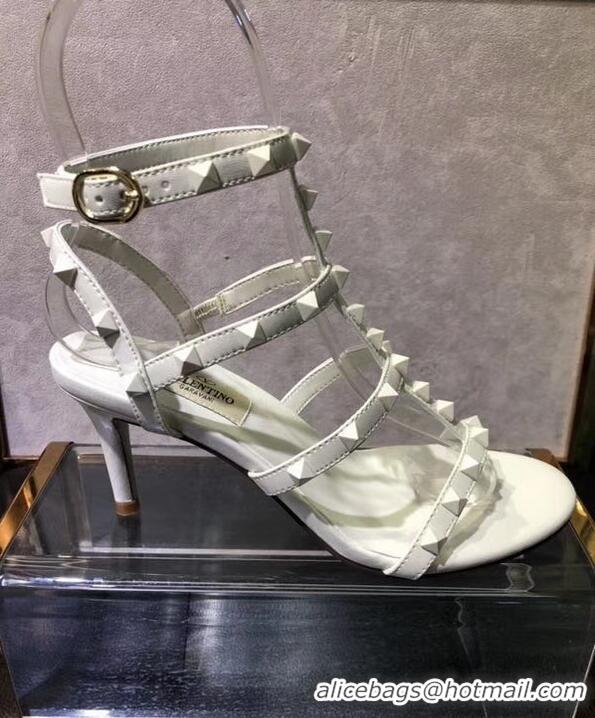 Hot Style Valentino Heel 6.5cm Cage Rockstud Sandals VT0403 All White 2019