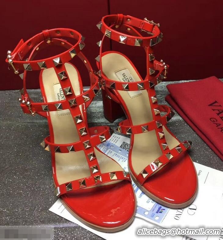 Unique Imitation Valentino Cage Rockstud Patent Calfskin Sandals 9.5cm VT8757 Red