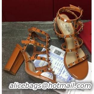 Hot Style Valentino Cage Rockstud Patent Calfskin Sandals 9.5cm VT8757 Caramel