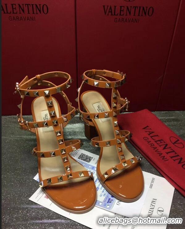 Hot Style Valentino Cage Rockstud Patent Calfskin Sandals 9.5cm VT8757 Caramel