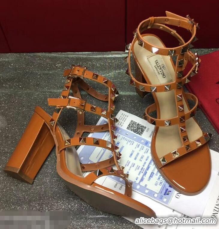 Hot Style Valentino Cage Rockstud Patent Calfskin Sandals 9.5cm VT8757 Caramel