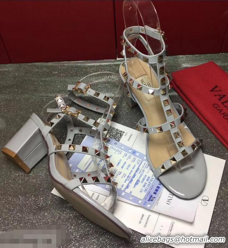 Cheapest Valentino Cage Rockstud Patent Calfskin Sandals 6.5cm VT8758 Baby Blue