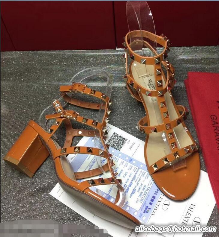 Classic Valentino Cage Rockstud Patent Calfskin Sandals 6.5cm VT8758 Caramel