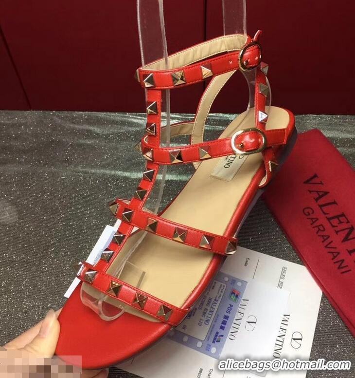 Fashion Discount Valentino ROCKSTUD FLAT CAGE SANDAL VT8759 Red