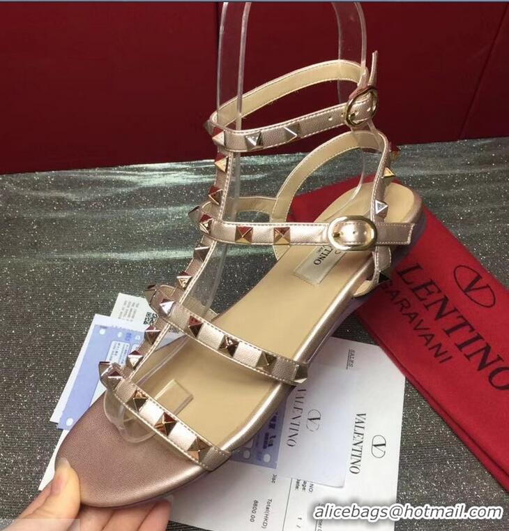 Free Shipping Valentino ROCKSTUD FLAT CAGE SANDAL VT8759 Pink Gold