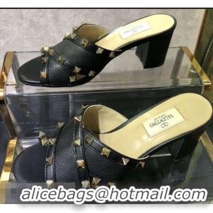 Cheapest Valentino Heel 6.5cm Grained Leather Rockstud Crossover Mules Sandals V22501 Black 2019