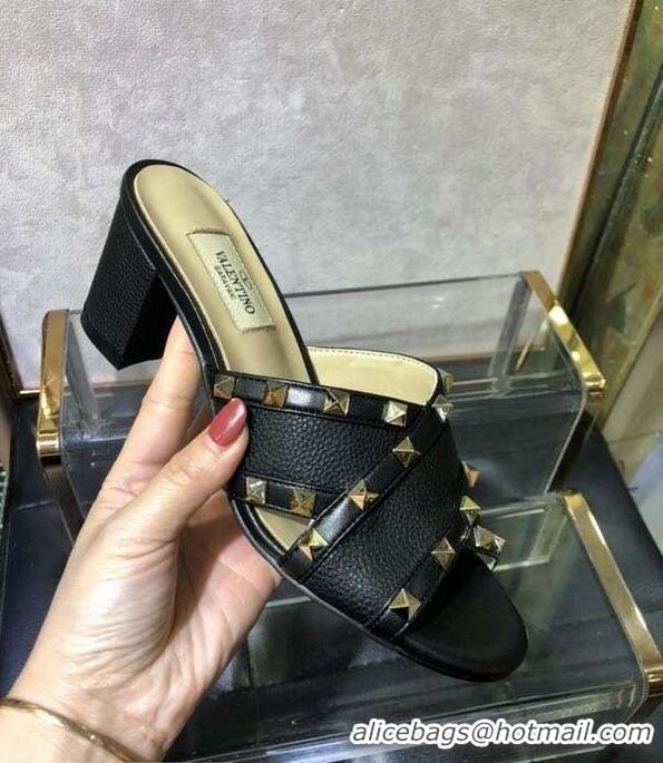 Cheapest Valentino Heel 6.5cm Grained Leather Rockstud Crossover Mules Sandals V22501 Black 2019