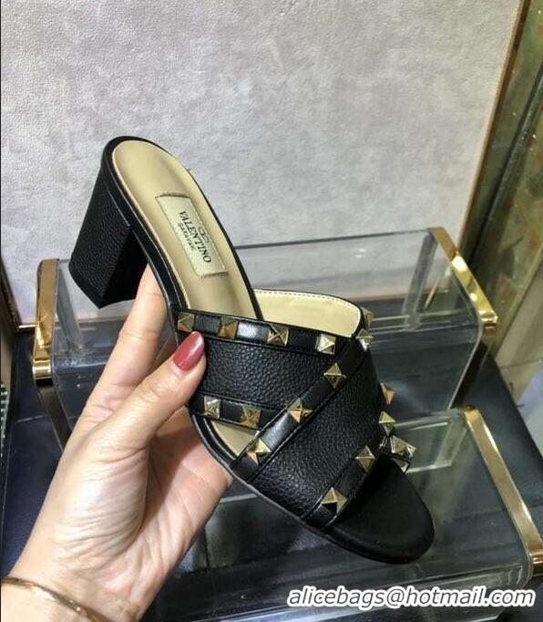 Cheapest Valentino Heel 6.5cm Grained Leather Rockstud Crossover Mules Sandals V22501 Black 2019