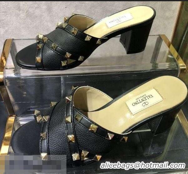 Cheapest Valentino Heel 6.5cm Grained Leather Rockstud Crossover Mules Sandals V22501 Black 2019