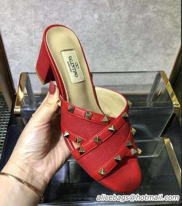 Discount Valentino Heel 6.5cm Grained Leather Rockstud Crossover Mules Sandals V22501 Red 2019