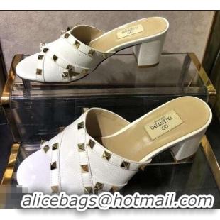 Chic Valentino Heel 6.5cm Grained Leather Rockstud Crossover Mules Sandals V22501 White 2019