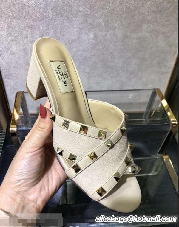 Reproduction Valentino Heel 6.5cm Grained Leather Rockstud Crossover Mules Sandals V22501 Nude 2019