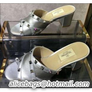 Top Grade Valentino Heel 6.5cm Grained Leather Rockstud Crossover Mules Sandals V22501 Silver 2019