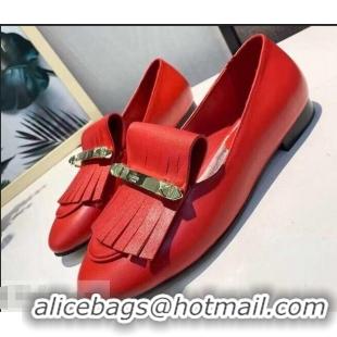 Cheapest Valentino Heel 2cm Calfskin Leather Fringe Moccasin V22504 Red 2019