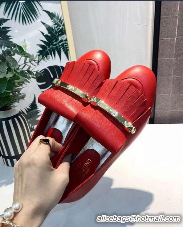 Cheapest Valentino Heel 2cm Calfskin Leather Fringe Moccasin V22504 Red 2019