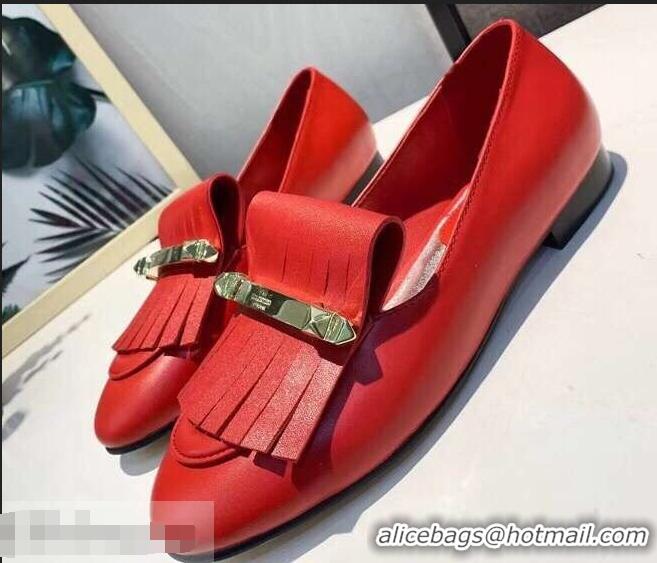 Cheapest Valentino Heel 2cm Calfskin Leather Fringe Moccasin V22504 Red 2019