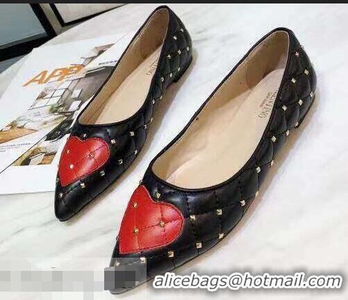 Good Quality Valentino Heart Rockstud Spike Ballet Flats VT2250 Black 2019