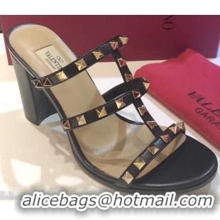 Famous Brand Valentino Heel 9.5cm Rockstud Mules Slide Sandals VT2501 Black