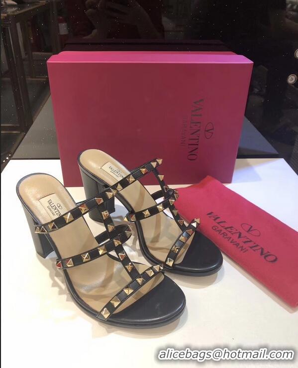 Famous Brand Valentino Heel 9.5cm Rockstud Mules Slide Sandals VT2501 Black