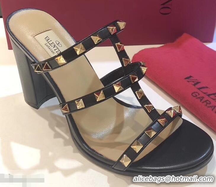 Famous Brand Valentino Heel 9.5cm Rockstud Mules Slide Sandals VT2501 Black