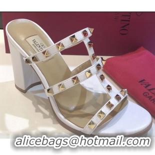 Unique Style Valentino Heel 9.5cm Rockstud Mules Slide Sandals VT2501 White