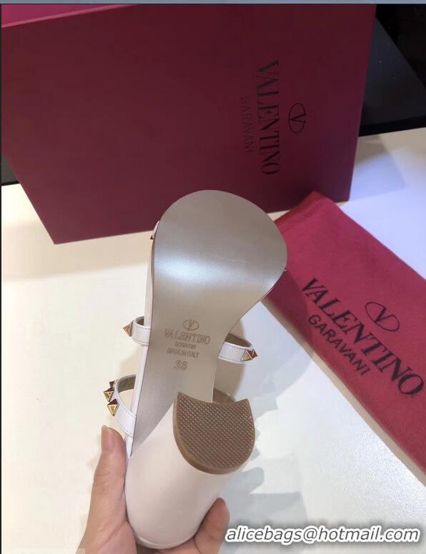 Unique Style Valentino Heel 9.5cm Rockstud Mules Slide Sandals VT2501 White