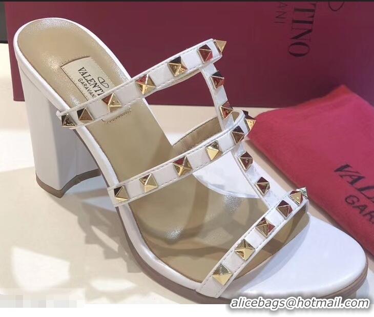 Unique Style Valentino Heel 9.5cm Rockstud Mules Slide Sandals VT2501 White