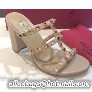 Famous Brand Valentino Heel 9.5cm Rockstud Mules Slide Sandals VT2501 Nude