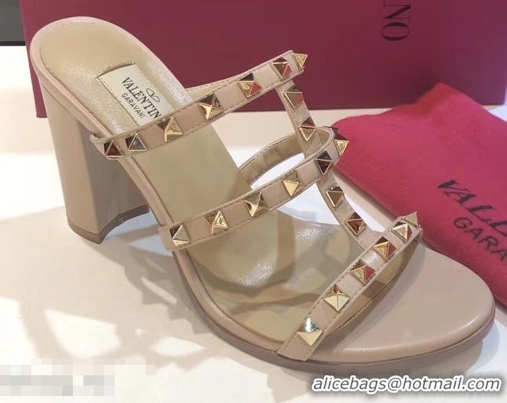 Famous Brand Valentino Heel 9.5cm Rockstud Mules Slide Sandals VT2501 Nude