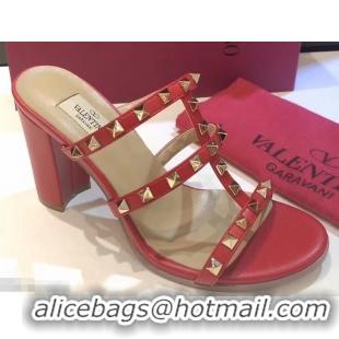 Super Valentino Heel 9.5cm Rockstud Mules Slide Sandals VT2501 Red