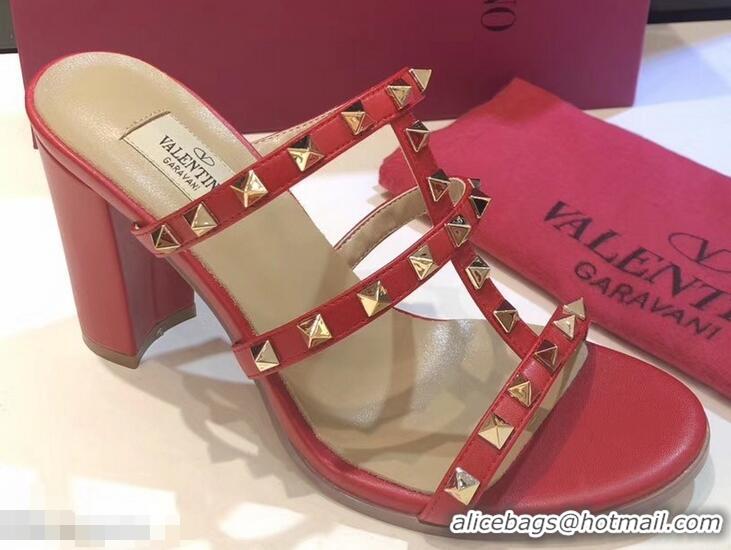 Super Valentino Heel 9.5cm Rockstud Mules Slide Sandals VT2501 Red