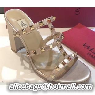 Imitation Valentino Heel 9.5cm Rockstud Mules Slide Sandals VT2501 Gold