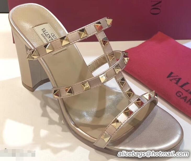 Imitation Valentino Heel 9.5cm Rockstud Mules Slide Sandals VT2501 Gold