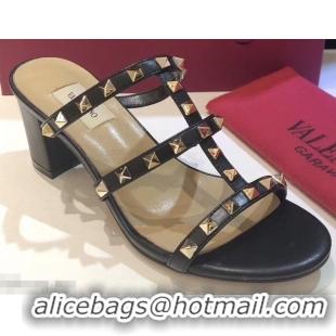 Popular Style Valentino Heel 6.5cm Rockstud Mules Slide Sandals VT2502 Black