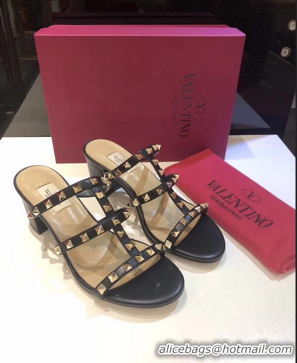 Popular Style Valentino Heel 6.5cm Rockstud Mules Slide Sandals VT2502 Black