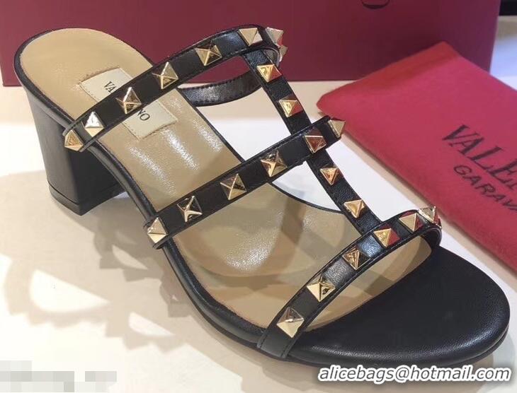 Popular Style Valentino Heel 6.5cm Rockstud Mules Slide Sandals VT2502 Black