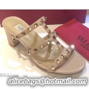 Reproduction Valentino Heel 6.5cm Rockstud Mules Slide Sandals VT2502 Nude