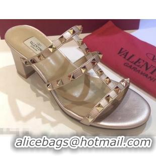 Discount Valentino Heel 6.5cm Rockstud Mules Slide Sandals VT2502 Gold