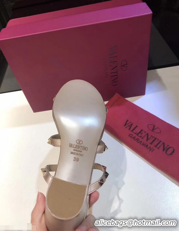 Discount Valentino Heel 6.5cm Rockstud Mules Slide Sandals VT2502 Gold