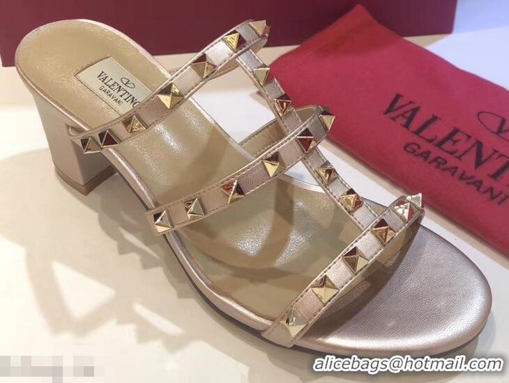 Discount Valentino Heel 6.5cm Rockstud Mules Slide Sandals VT2502 Gold