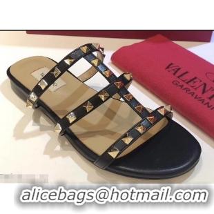 Good Quality Valentino Rockstud Flat Slide Sandals VT2503 Black