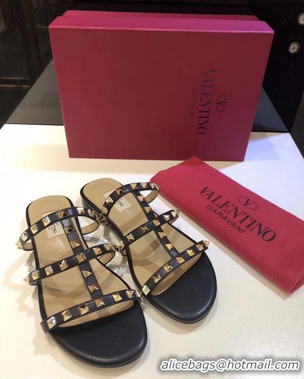 Good Quality Valentino Rockstud Flat Slide Sandals VT2503 Black