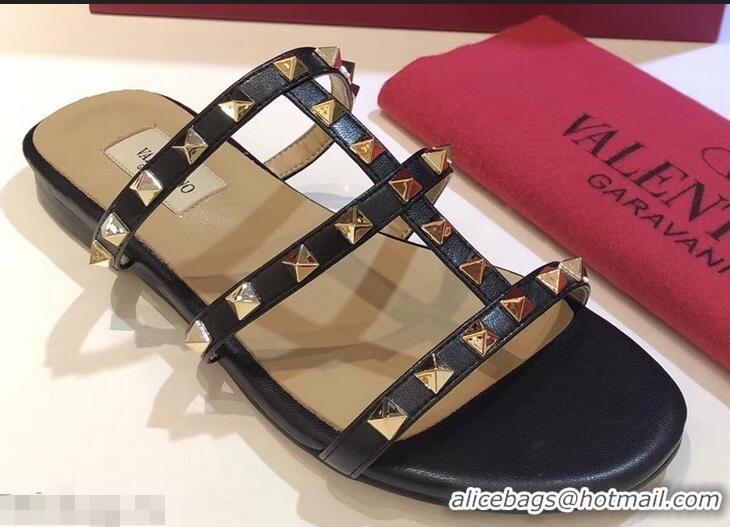 Good Quality Valentino Rockstud Flat Slide Sandals VT2503 Black