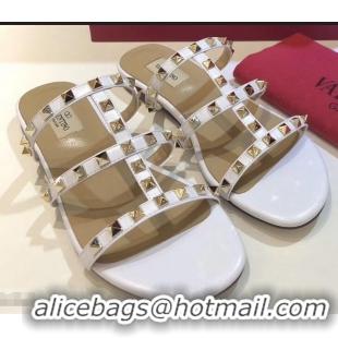 Faux Cheap Valentino Rockstud Flat Slide Sandals VT2503 White