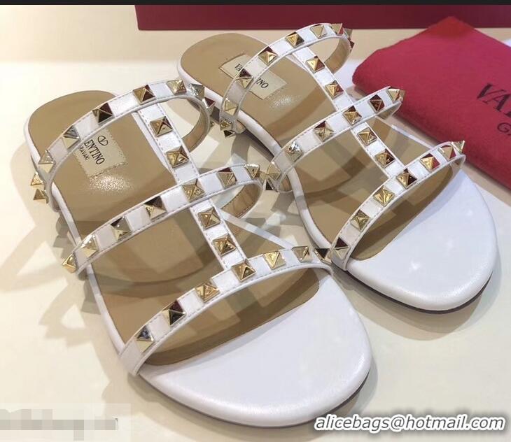 Faux Cheap Valentino Rockstud Flat Slide Sandals VT2503 White